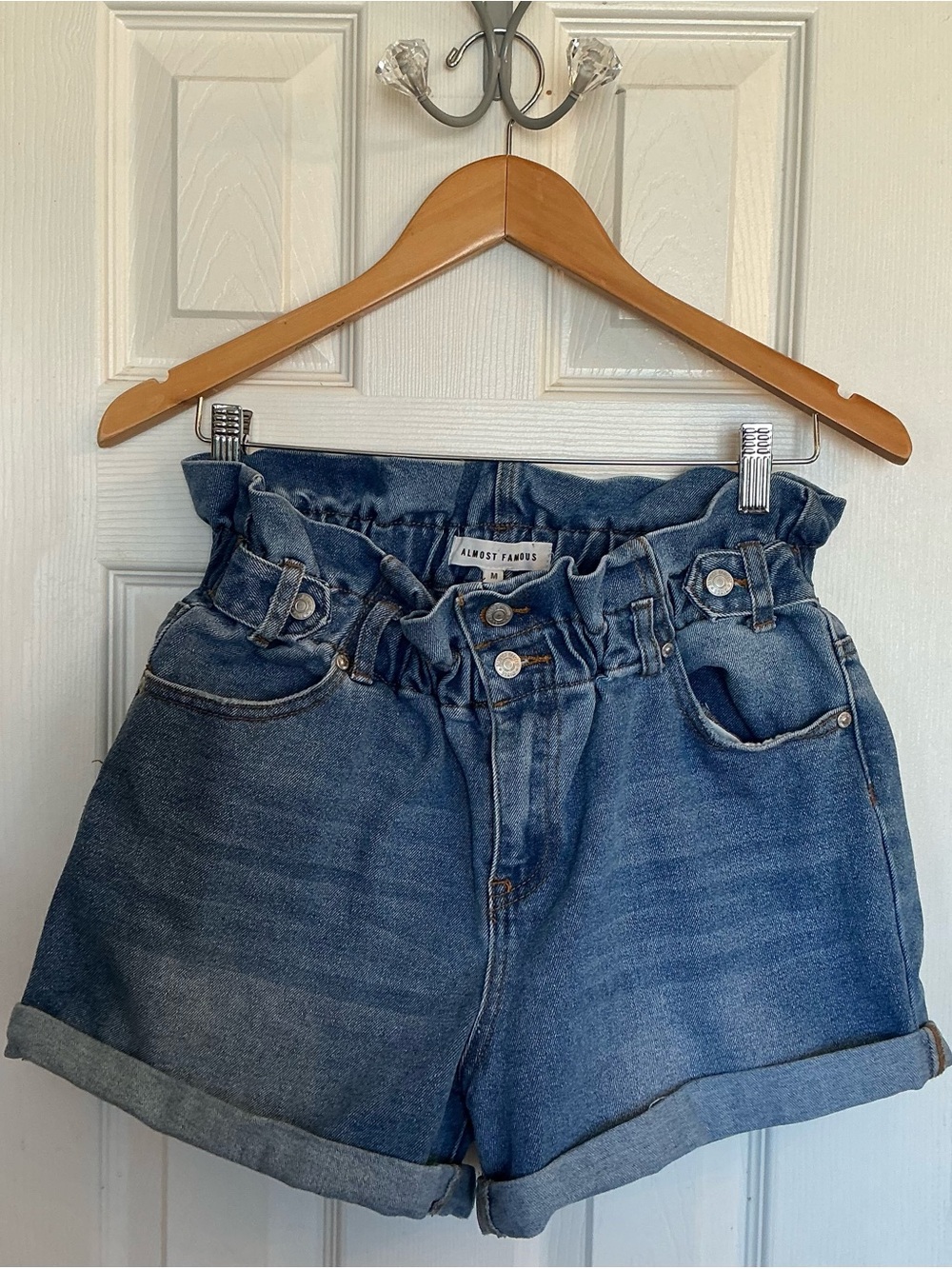 Almost Famous blue denim shorts with a ruffled paper bag waistline Size Medium